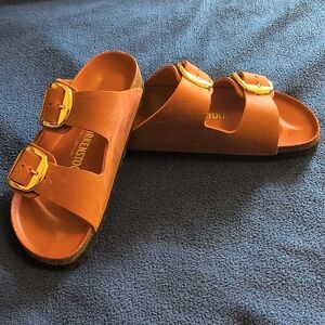 Birkenstock Orange Arizona Sandals Sz 37 with Big Gold Buckles